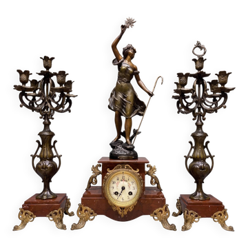 Large Napoleon III fireplace garniture in red marble and patinated regulus signed Guillemin – clock & candelabras 19th century