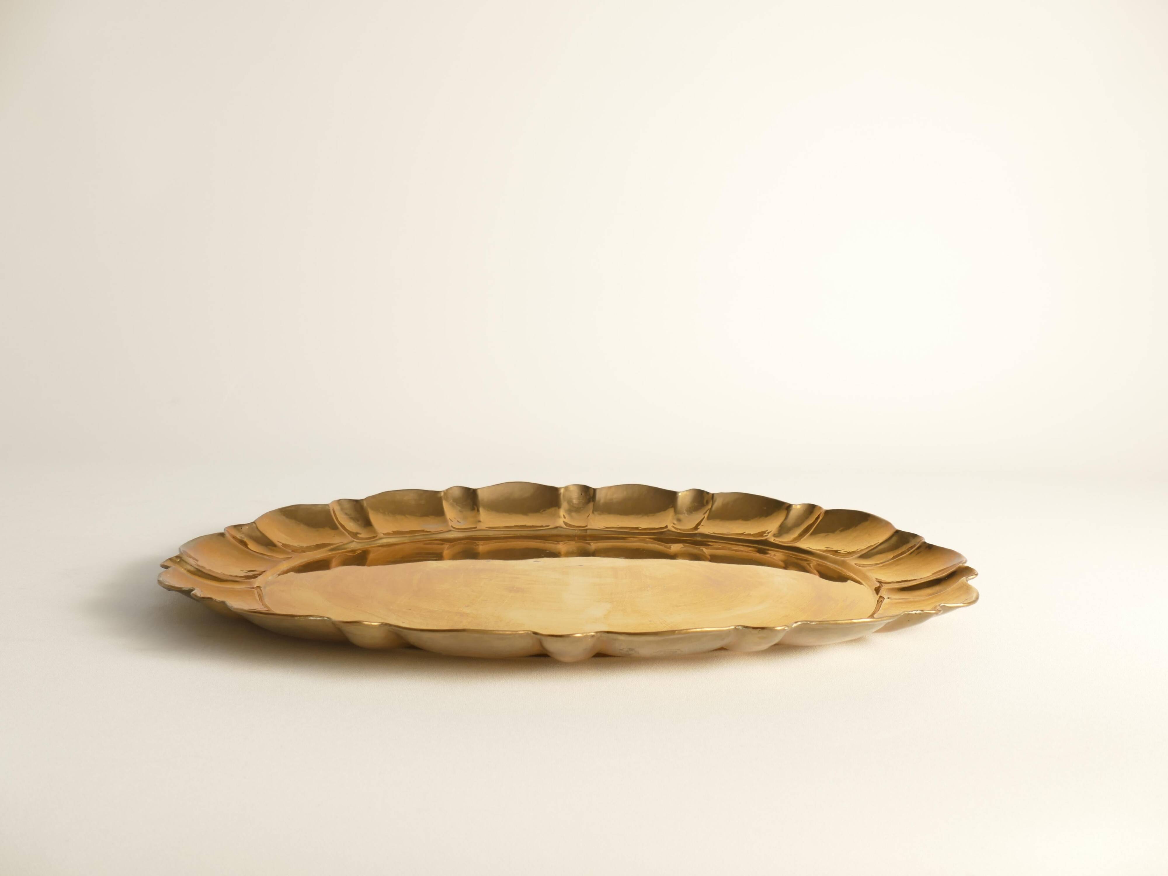 Hollywood Regency Large Oval Brass Tray by Firma Lars Holmström, Sweden 1940's