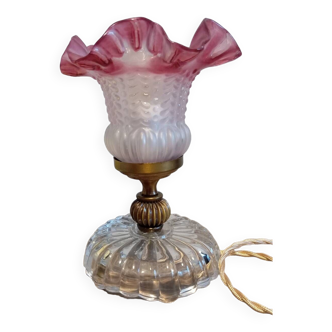 Lampe de table tulipe verre dépoli blanc et rose, vintage