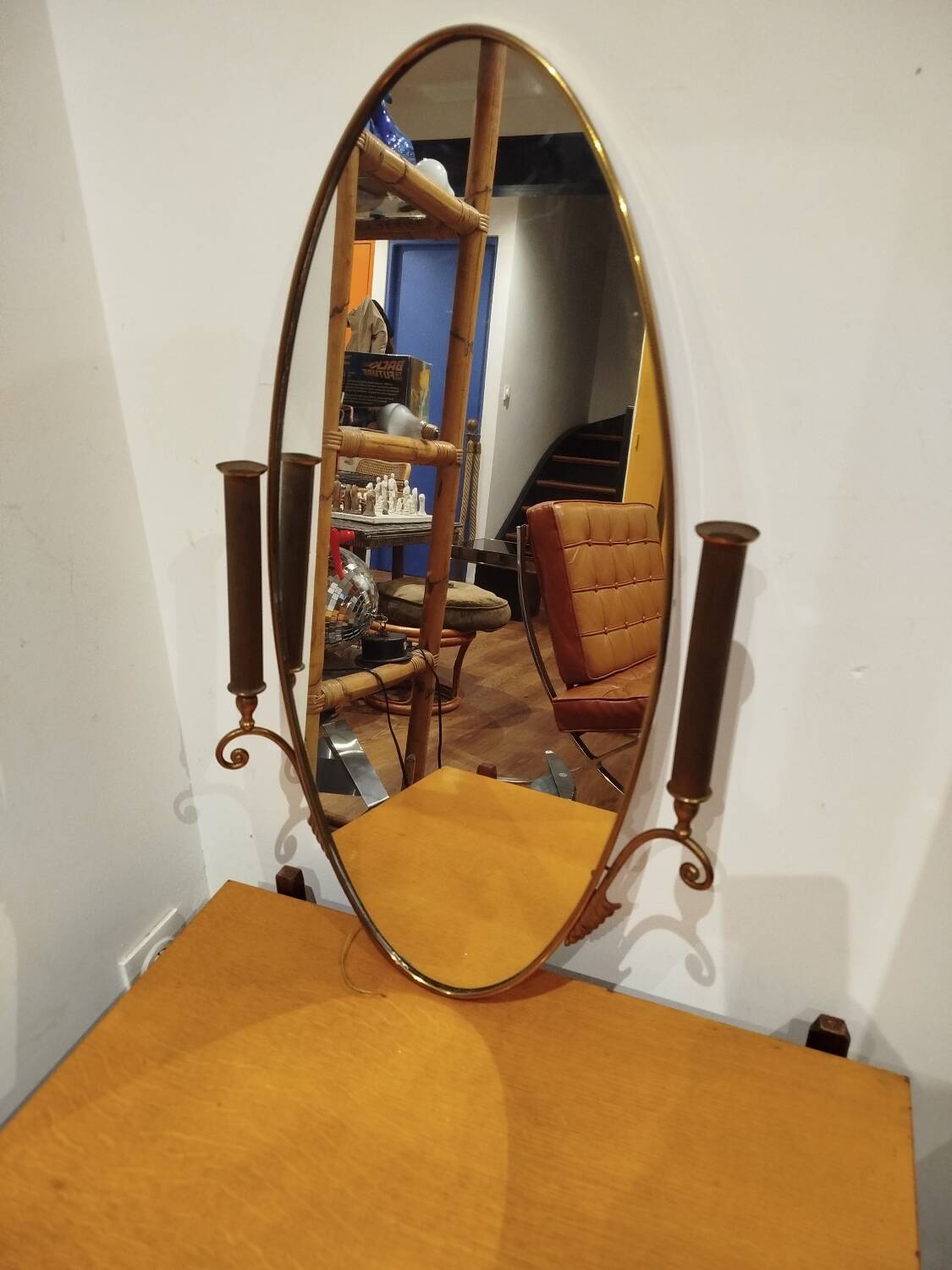 Oval wall mirror with sconces – brass – 1950s/60s