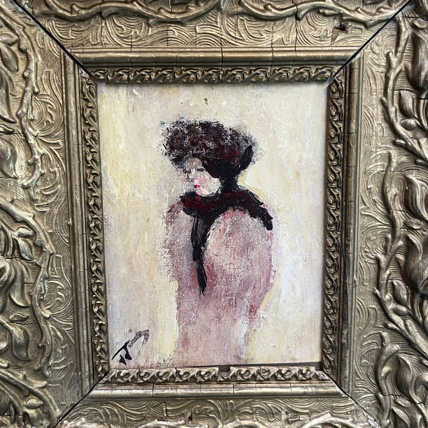 Miniature painting from the early 20th century "The Woman with the Mink" signed JJB