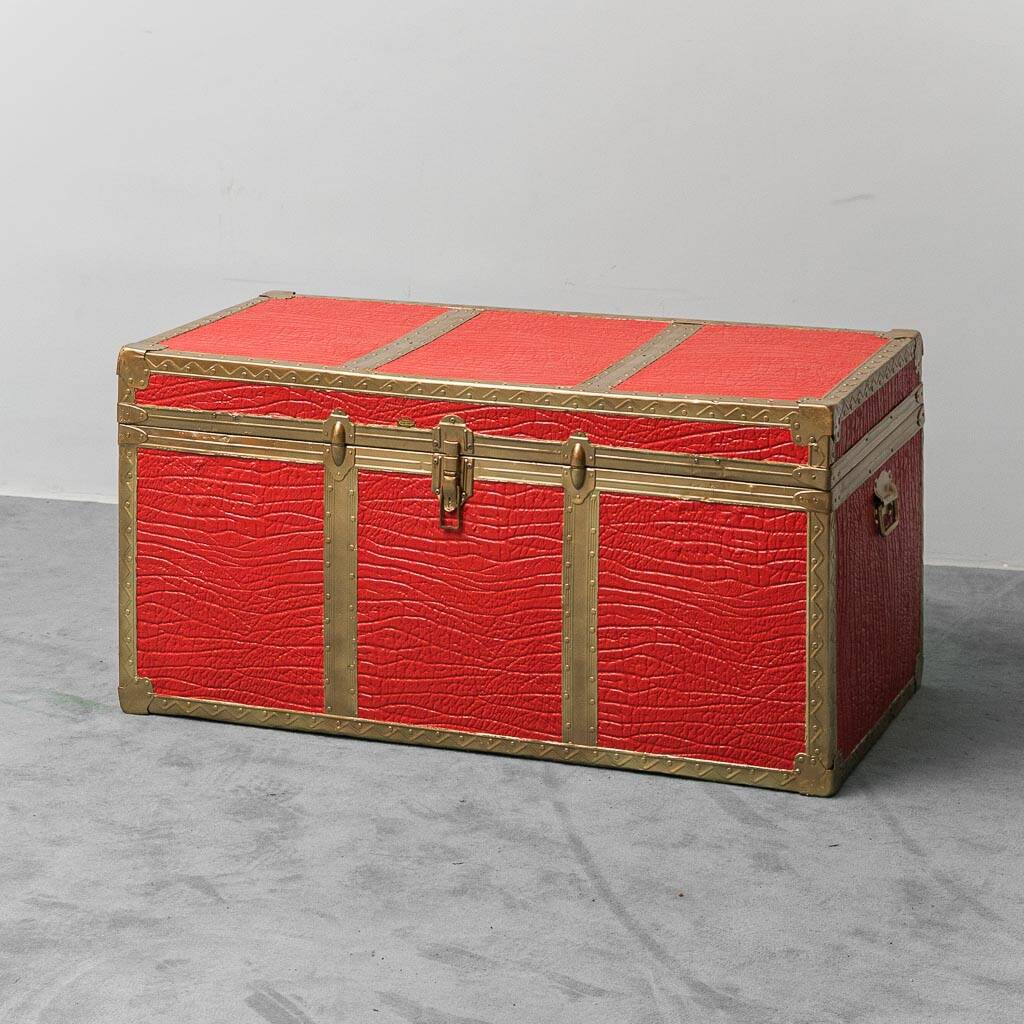 Vintage metal chest with red leather covering, 1950s