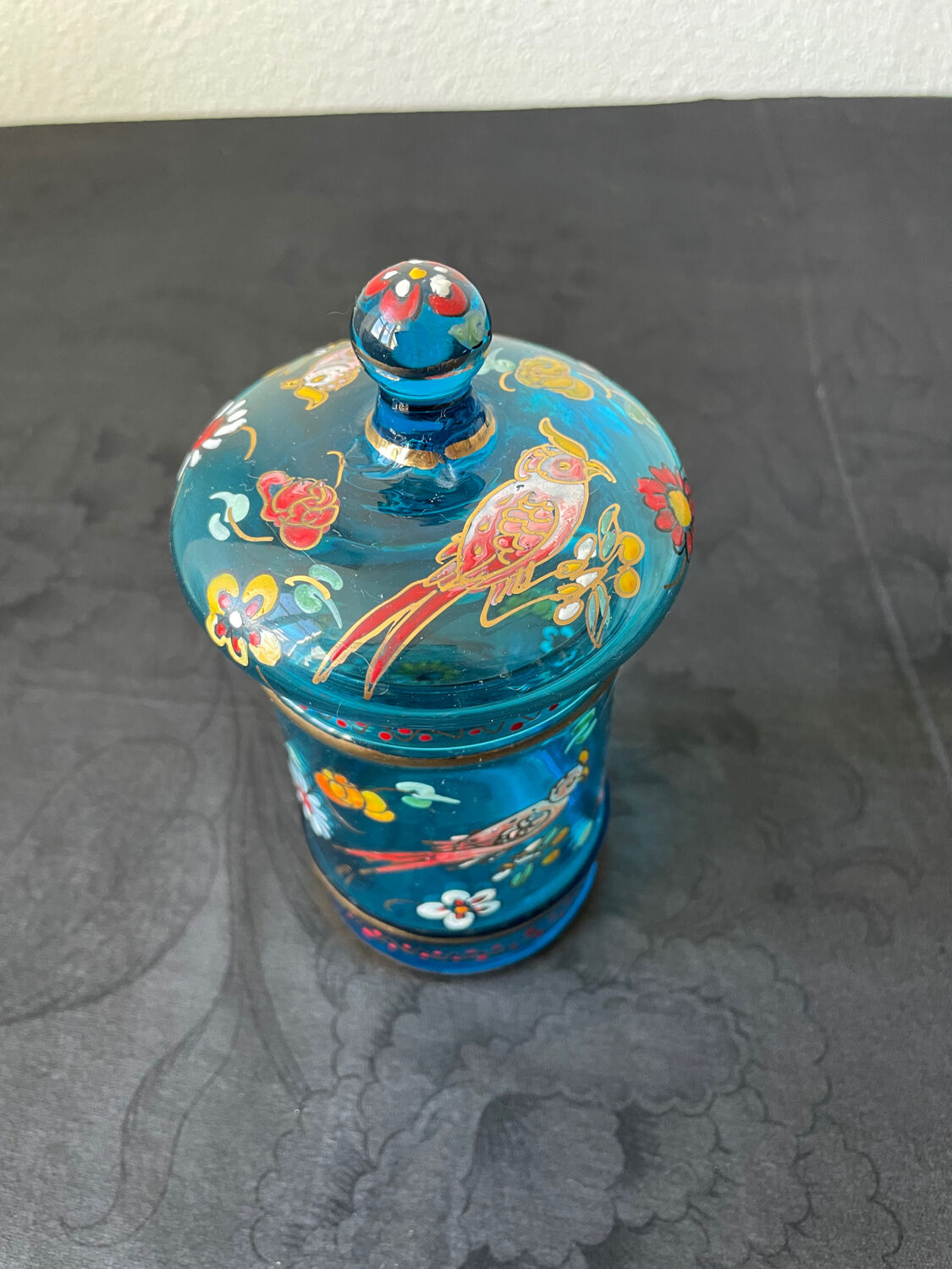 Hand-painted blue glass pot flowers and birds