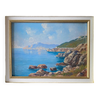 Tableau HSP "Marine" Bord de mer lumineux signé Arian + cadre