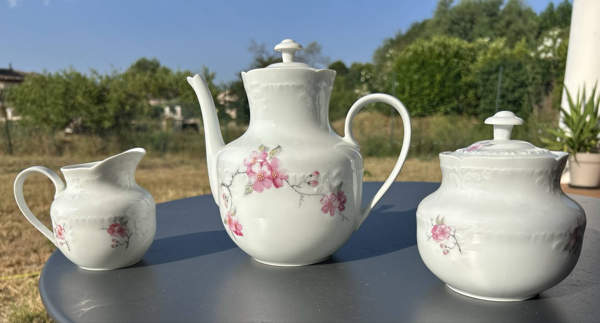 Antique tea set in Limoges porcelain by Chastagner, 3 pieces.