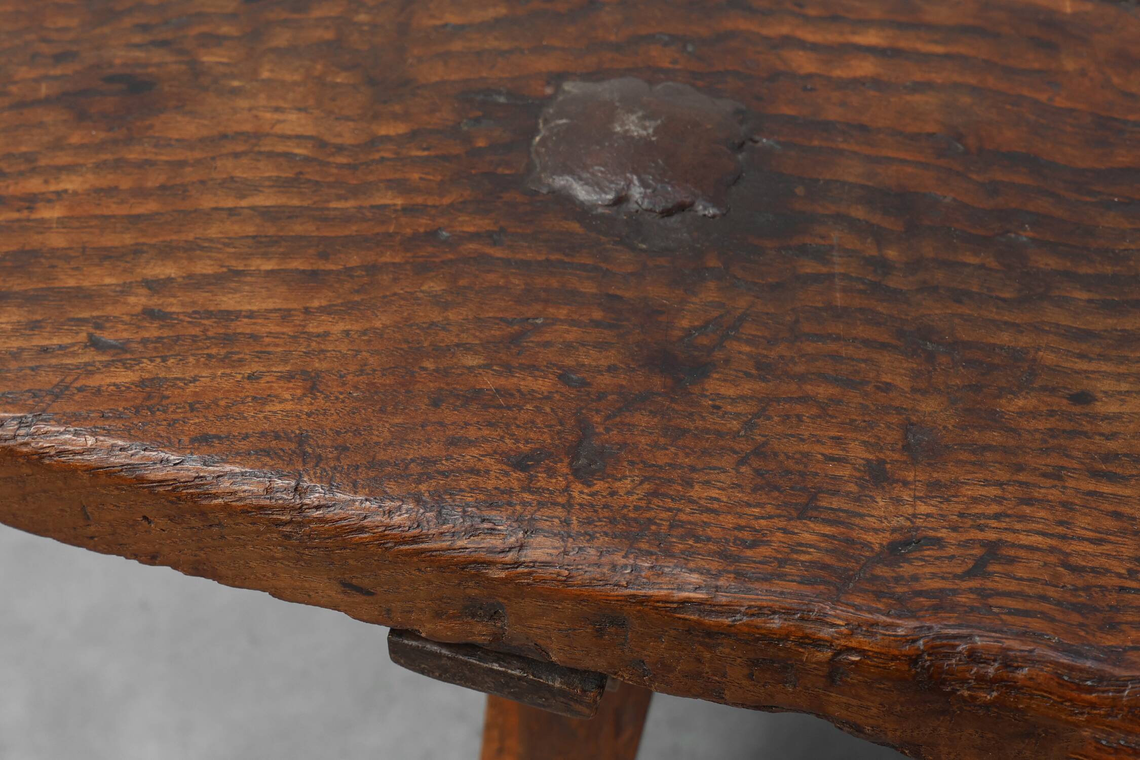 17th Century Spanish Brutalist coffee table in wood and wrought iron