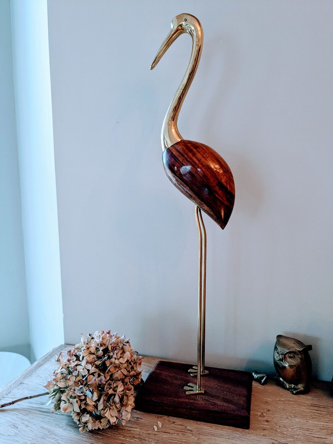 Blue heron of the 60s-70s in brass and rosewood and teak