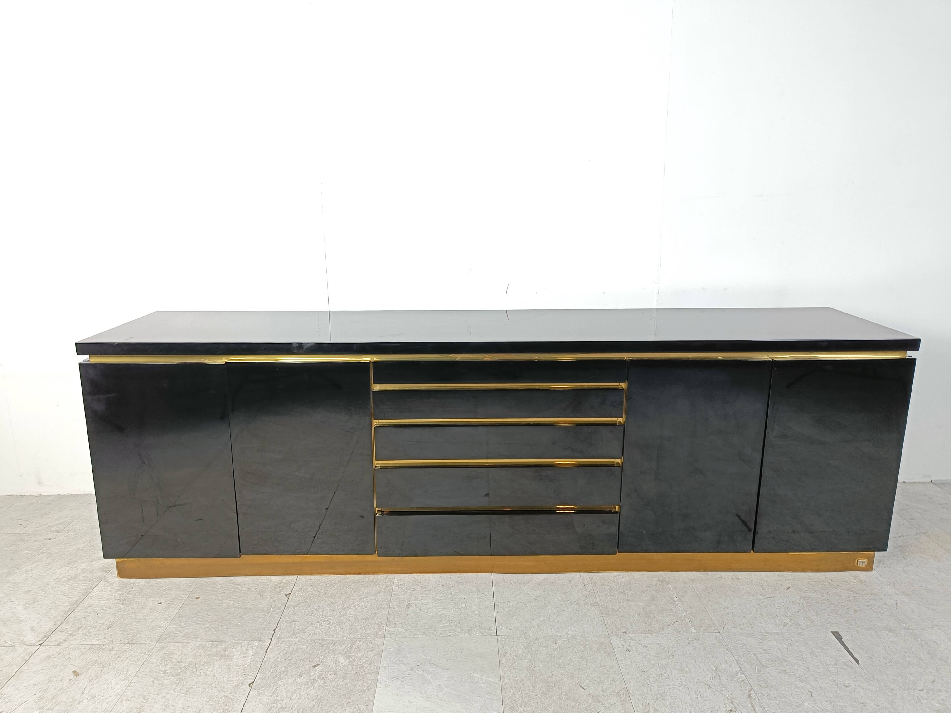 Brass and lacquer sideboard by Jean Claude Mahey, 1970s