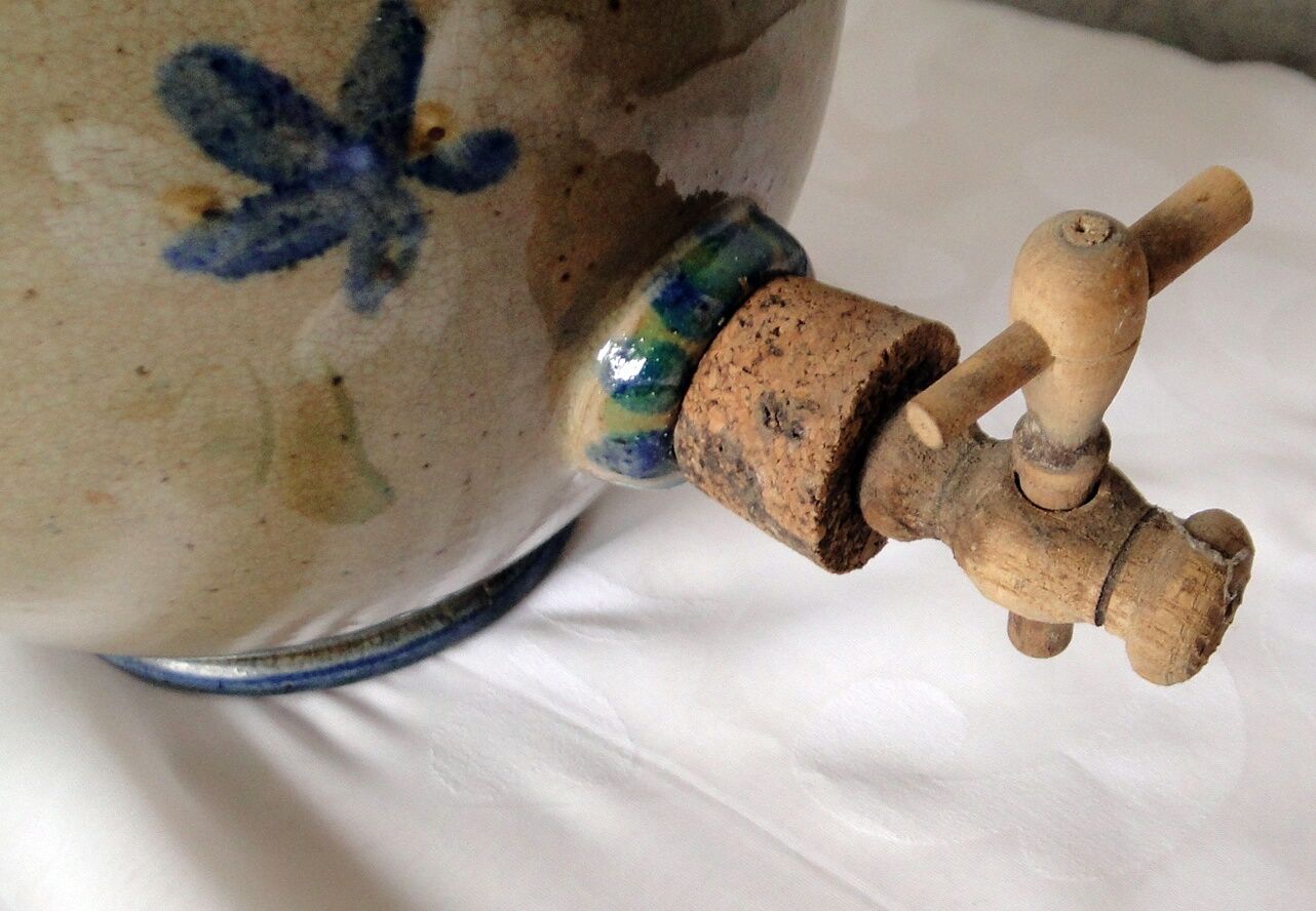 Old belly vinegar in beige and blue enamelled gres