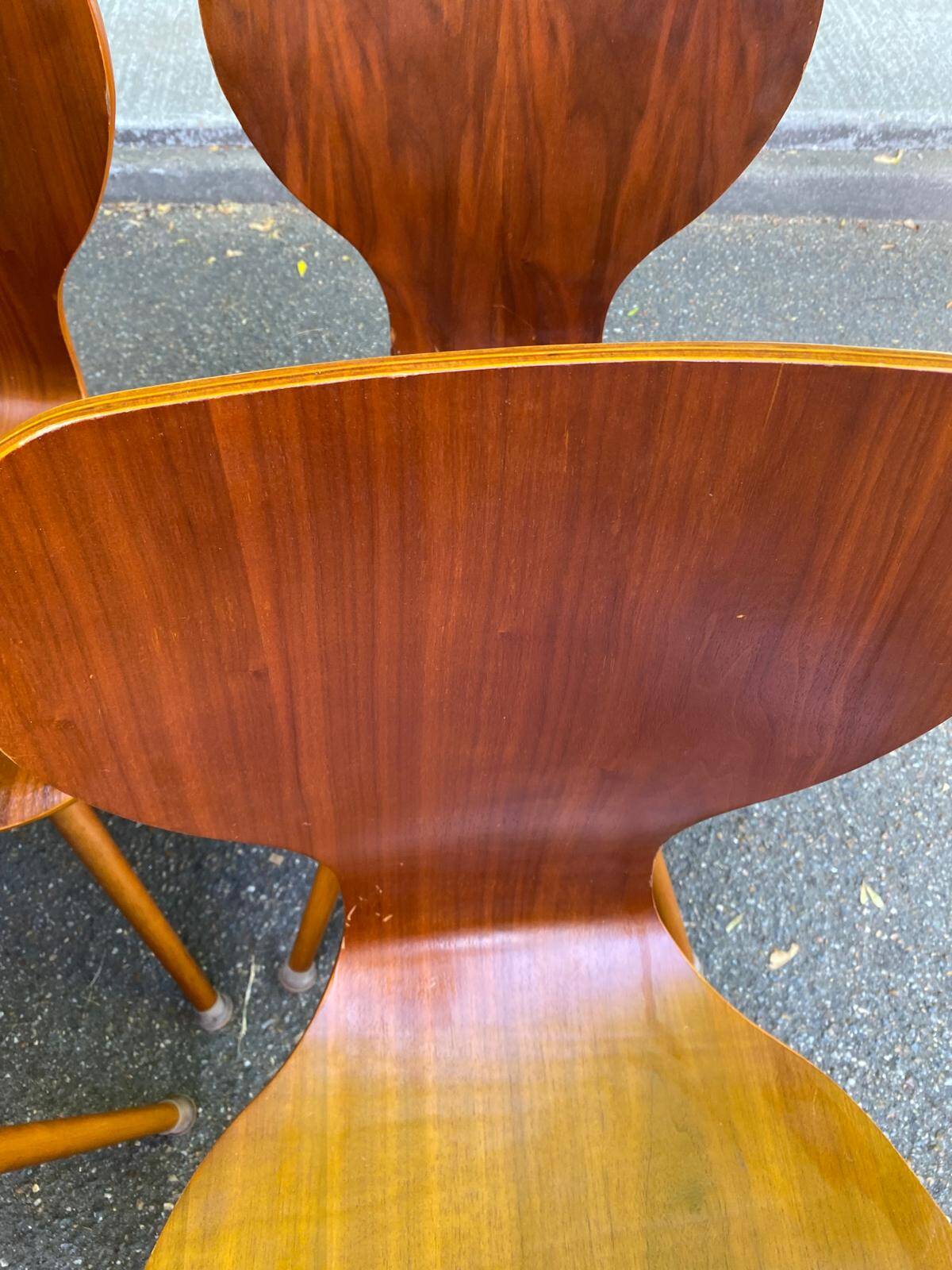 4 vintage Scandinavian dining chairs in curved walnut.