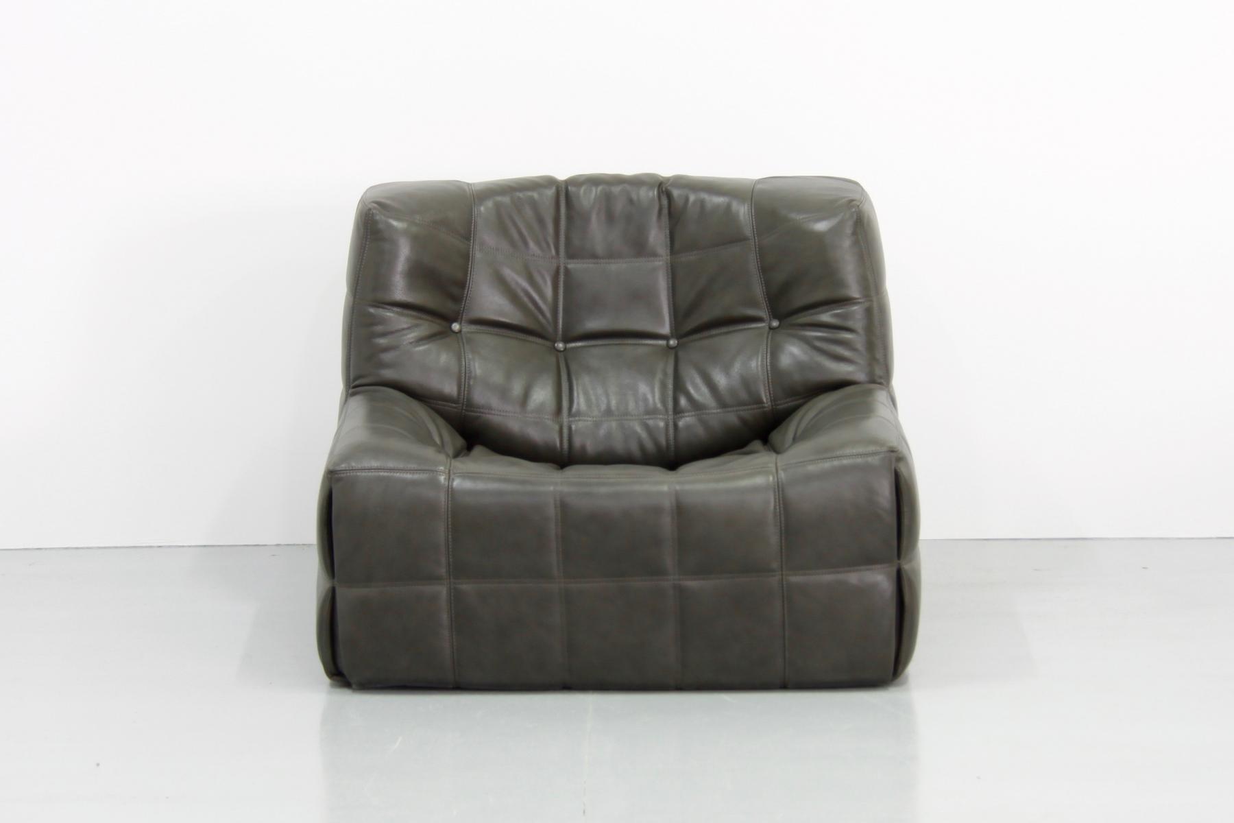 Living room sets vintage dark olive leather kashima by Michel Ducaroy for Ligne Roset