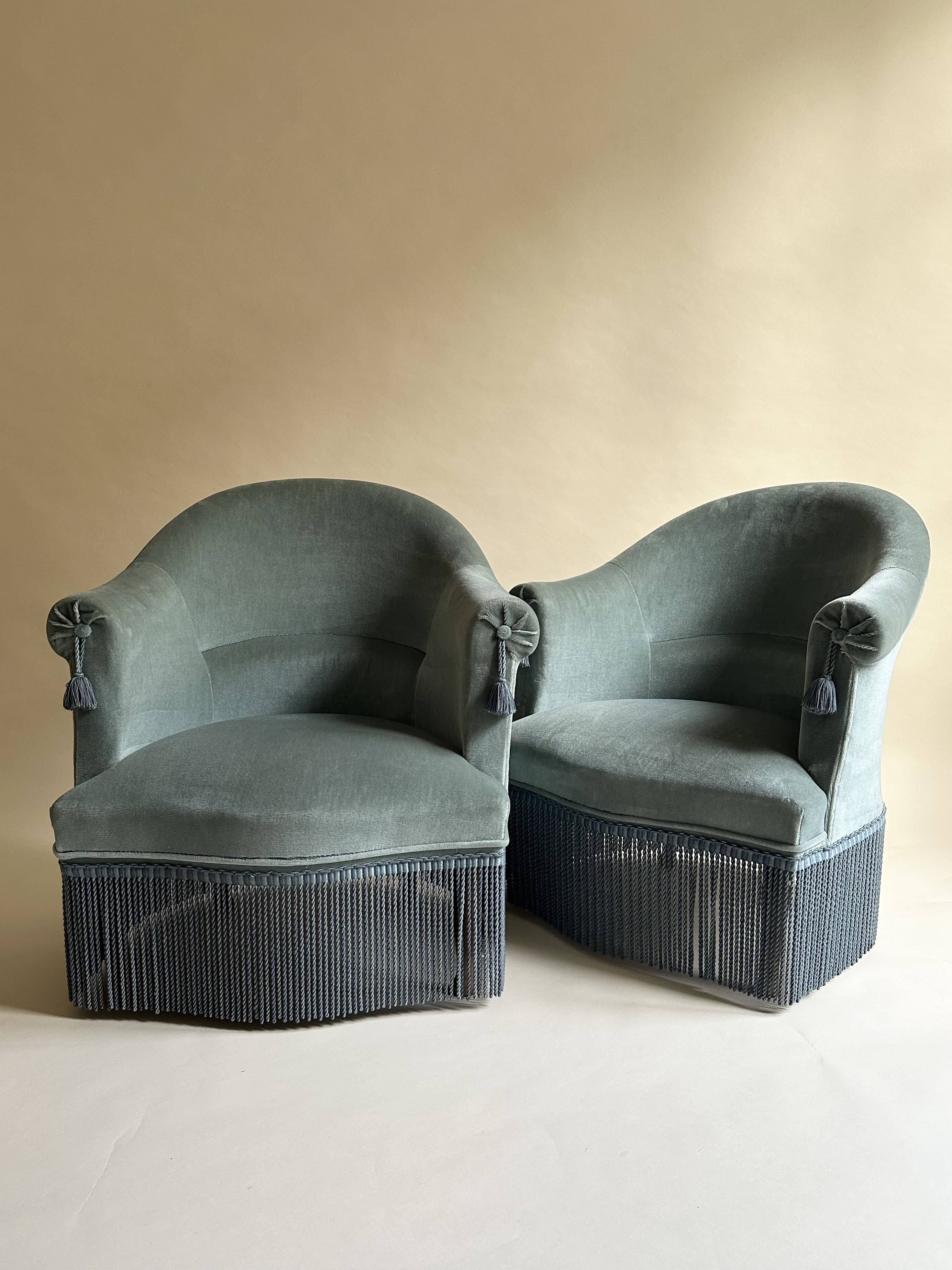 Blue velvet frog armchairs