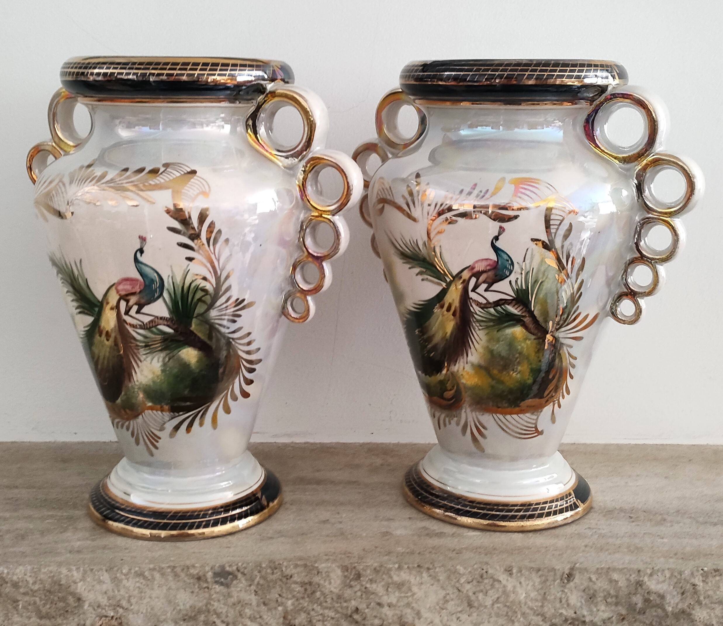 Pair of peacock vases by Hubert Bequet - Pearly ceramic - Belgium - 60s