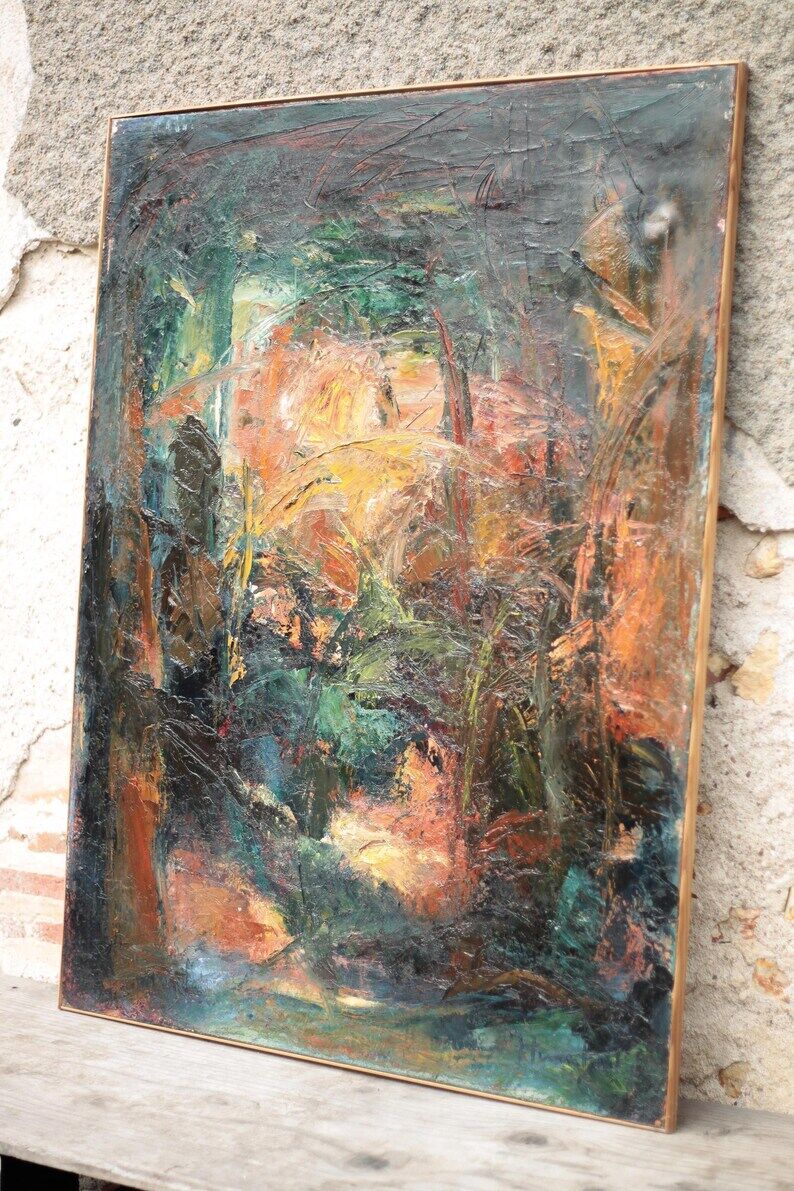 Oil on canvas signed Monique Humbert, large abstract composition, wall painting, interior decoration.