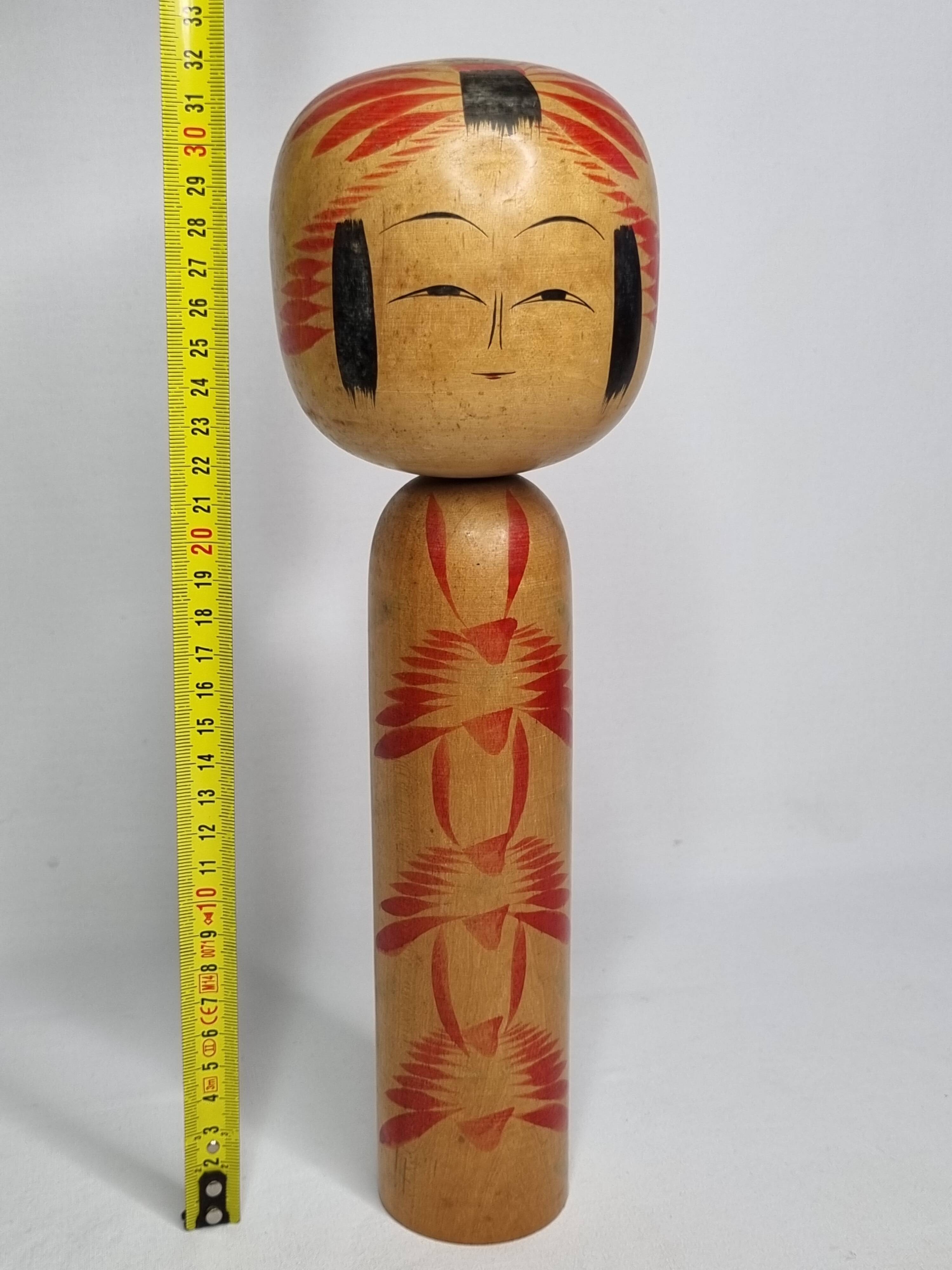 Vintage Signed Japanese Kokeshi Doll, Hand Painted Red Floral Decor, 32cm
