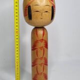 Vintage Signed Japanese Kokeshi Doll, Hand Painted Red Floral Decor, 32cm