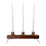 Modernist chandelier in teak and vintage brass.