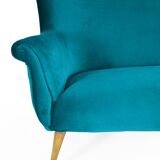 Canapé élégant trois places en velours, années 60, turquoise, restauré