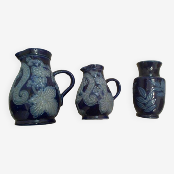 Set of 3 blue sandstone vases, alsatian craftsmanship in betschdorf style.