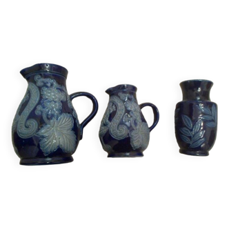 Lot de 3 vases bleus en grès, artisanat alsacien style betschdorf.
