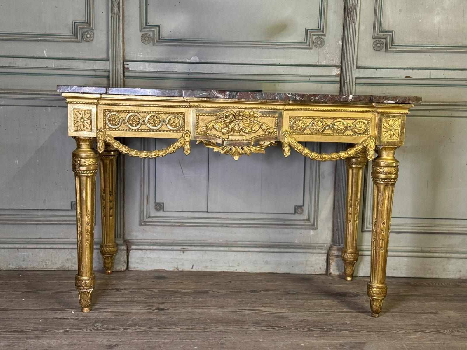 Louis XVI Console in Gilded Wood, Grey Ardennes Marble, 18th Century