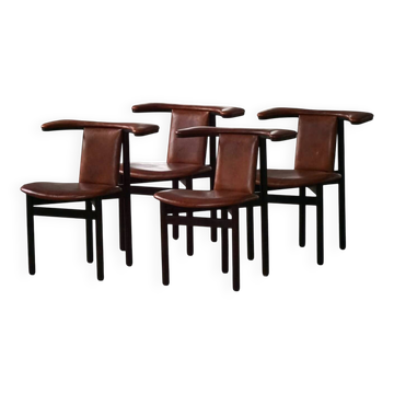Hans Olsen, Ensemble de 4 chaises de salle à manger Frederik VII, chêne et cuir, milieu du XXe siècle
