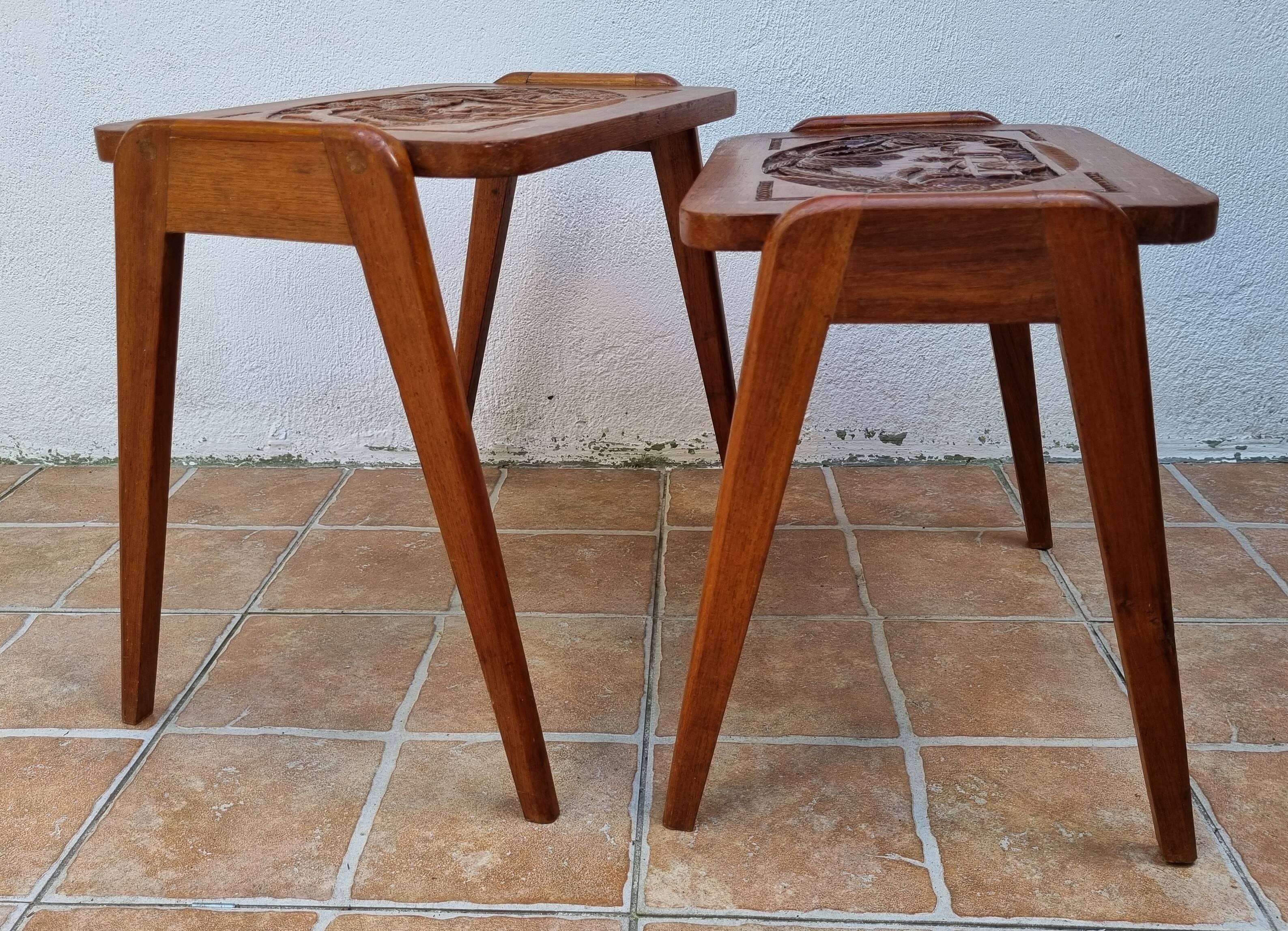 Pair of Malagasy nesting tables in carved wood, signed, m.o.f, 1955