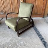 Pair of adjustable armchairs by Jindrich Halabala from the 1930s in wood and olive green velvet.