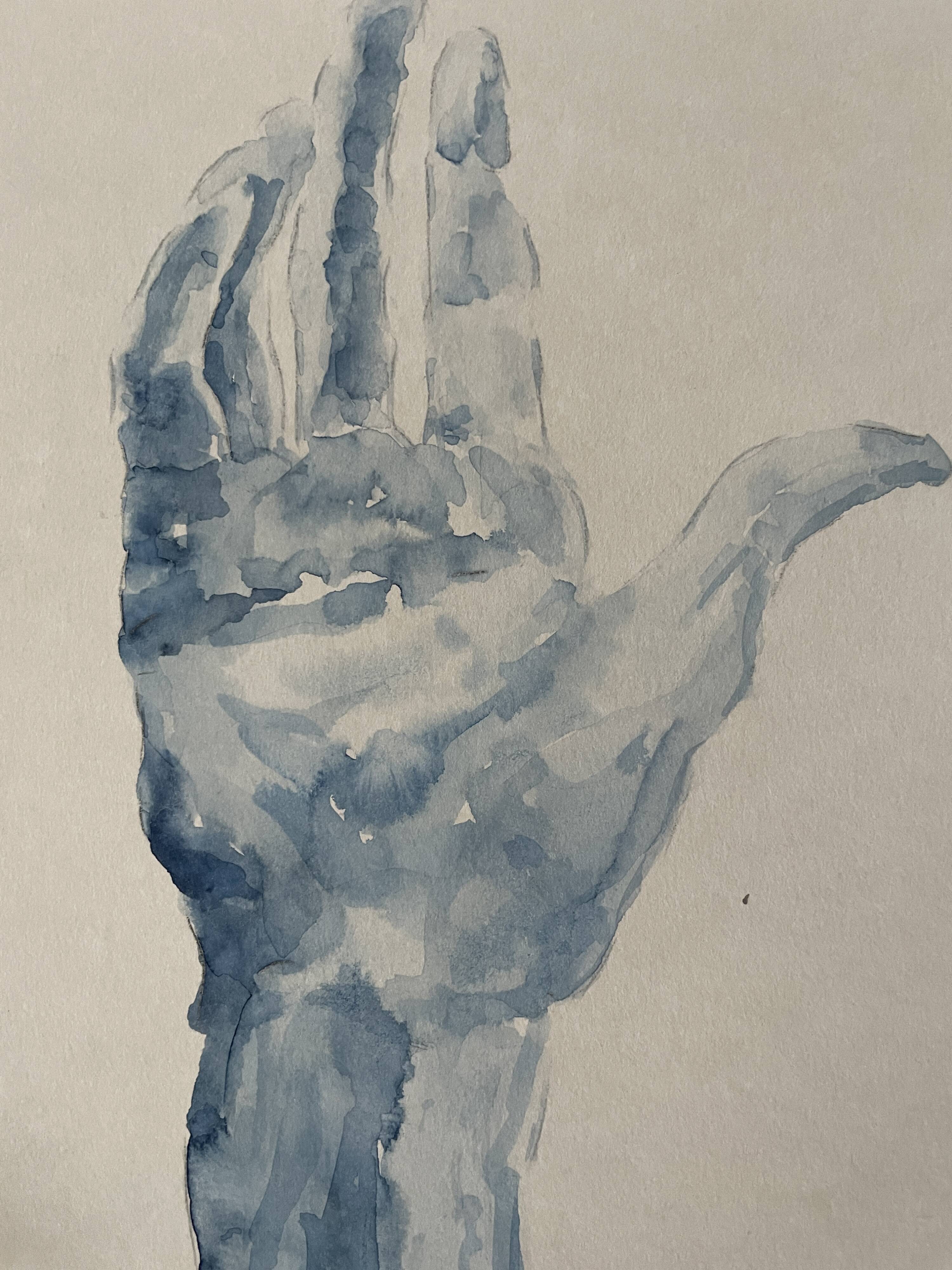 Painting signed blue monochrome watercolor study of the statue of Rodin “the hand reveals the man”