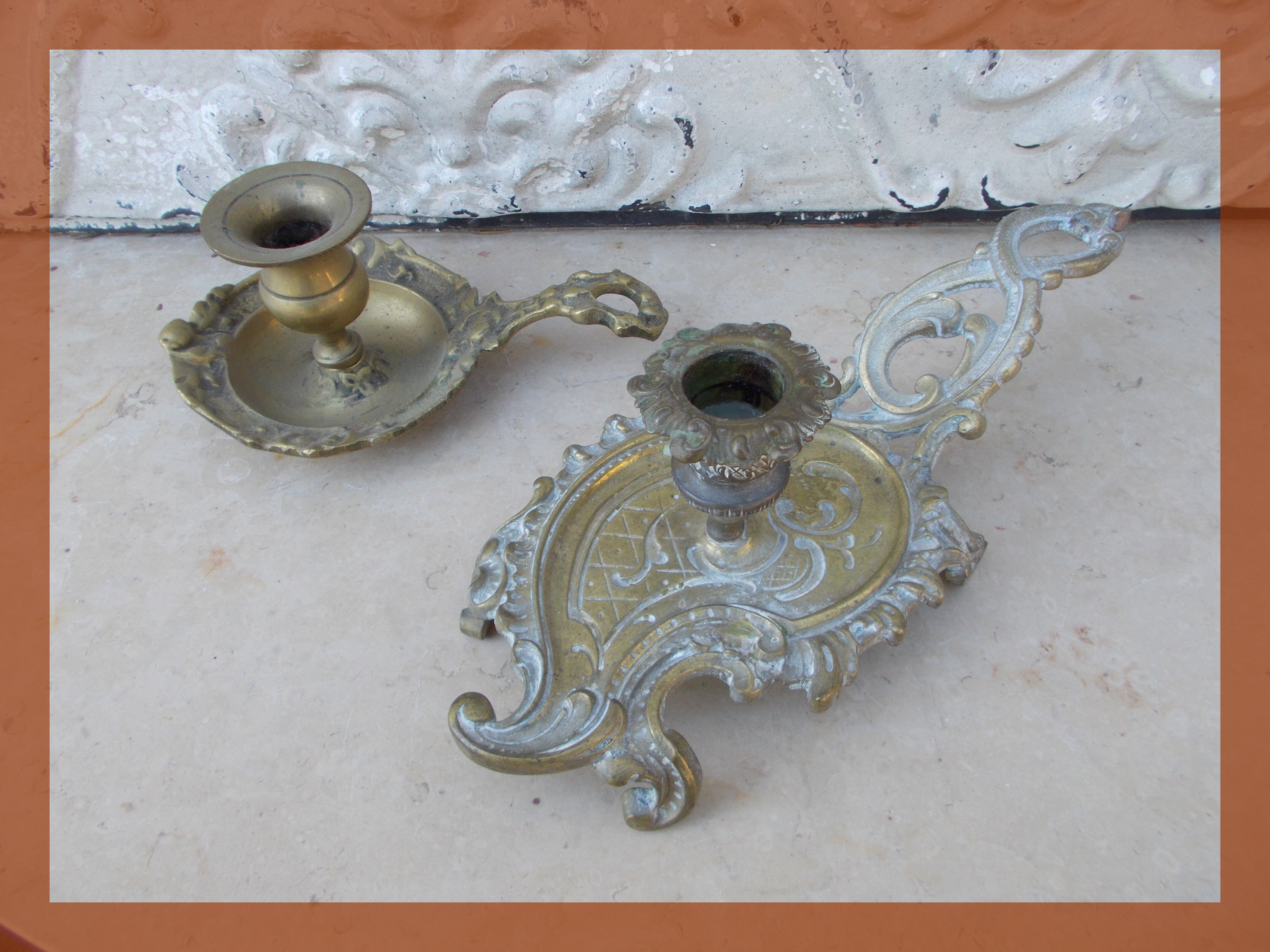 2 antique hand candlesticks Louis XV style rocaille bronze or brass