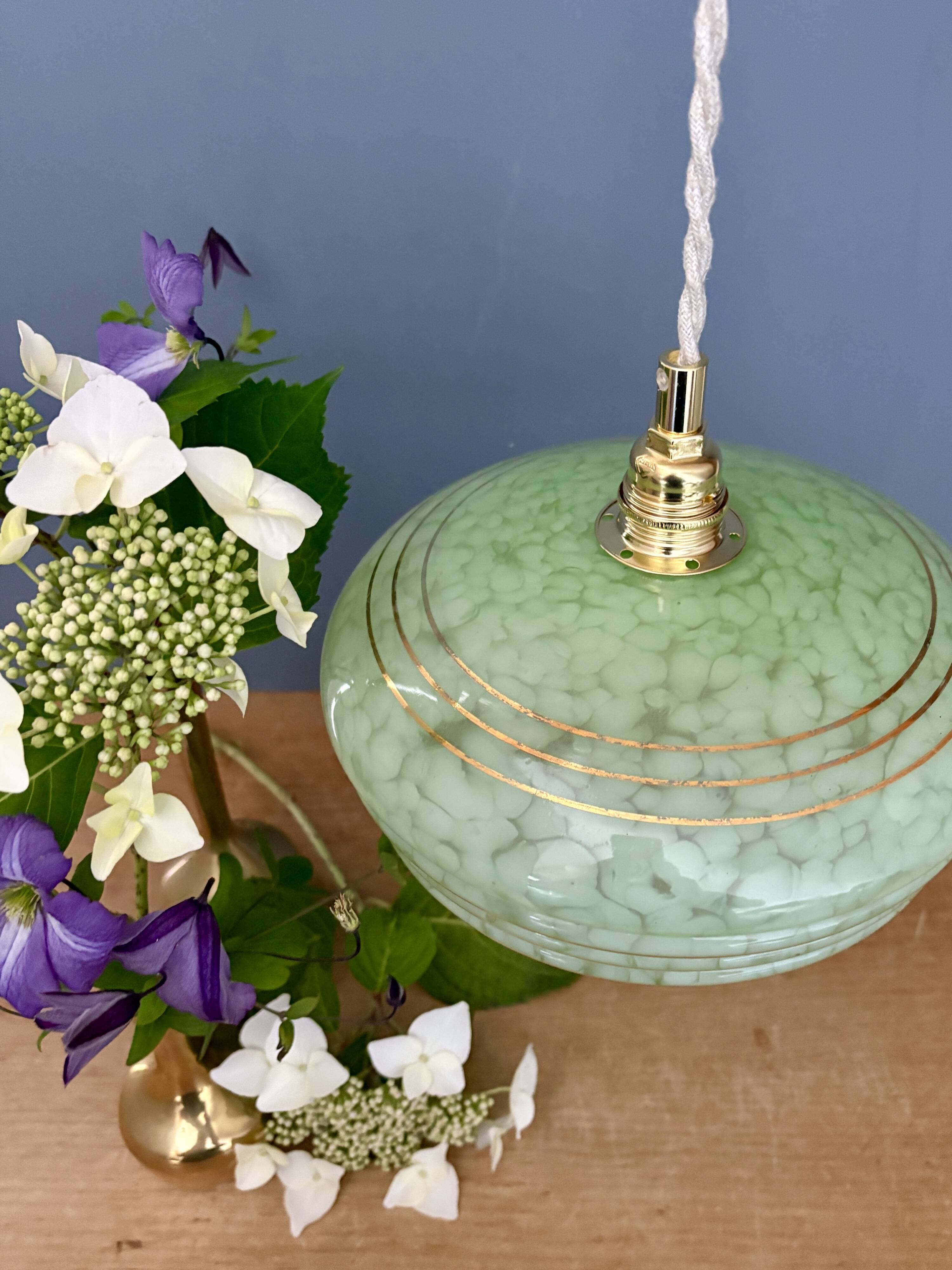 Vintage green and gold Clichy glass lampshade pendant light
