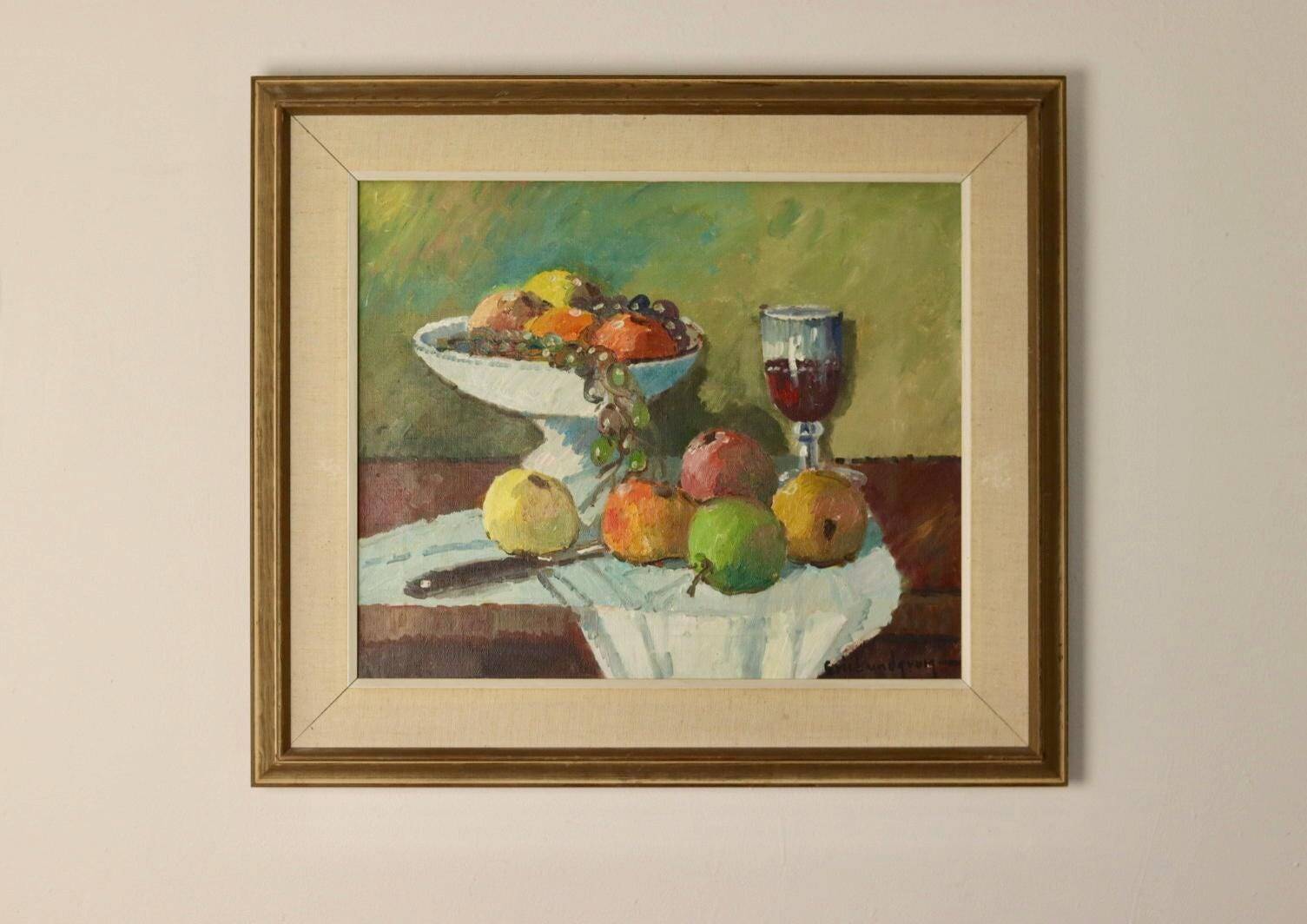 Original Swedish oil painting on canvas from the mid-century "Still Life with Bowl of Fruit" by Eric Lundgren -