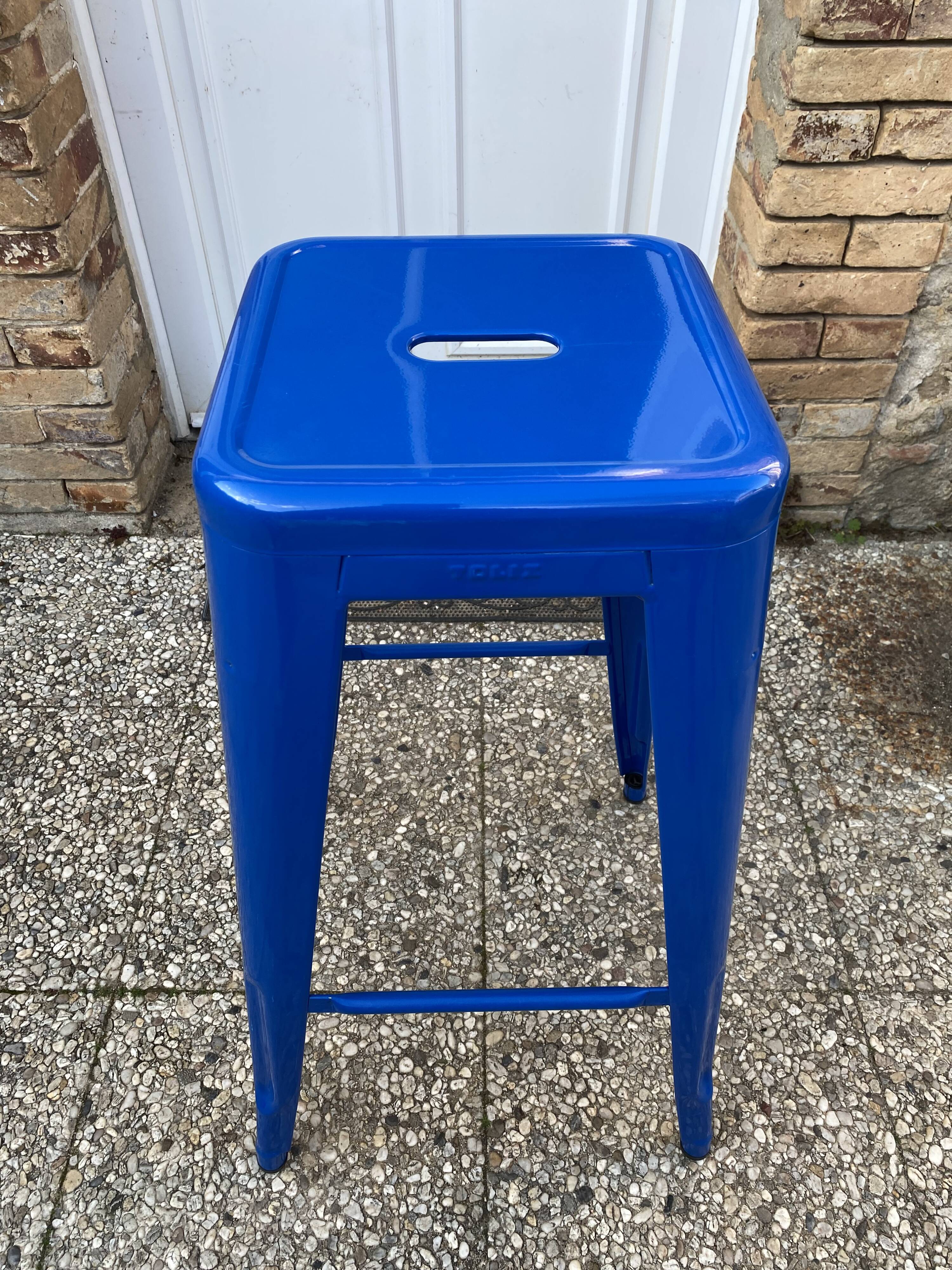 Genuine tolix h75 industrial metal bar stool, stackable, blue.