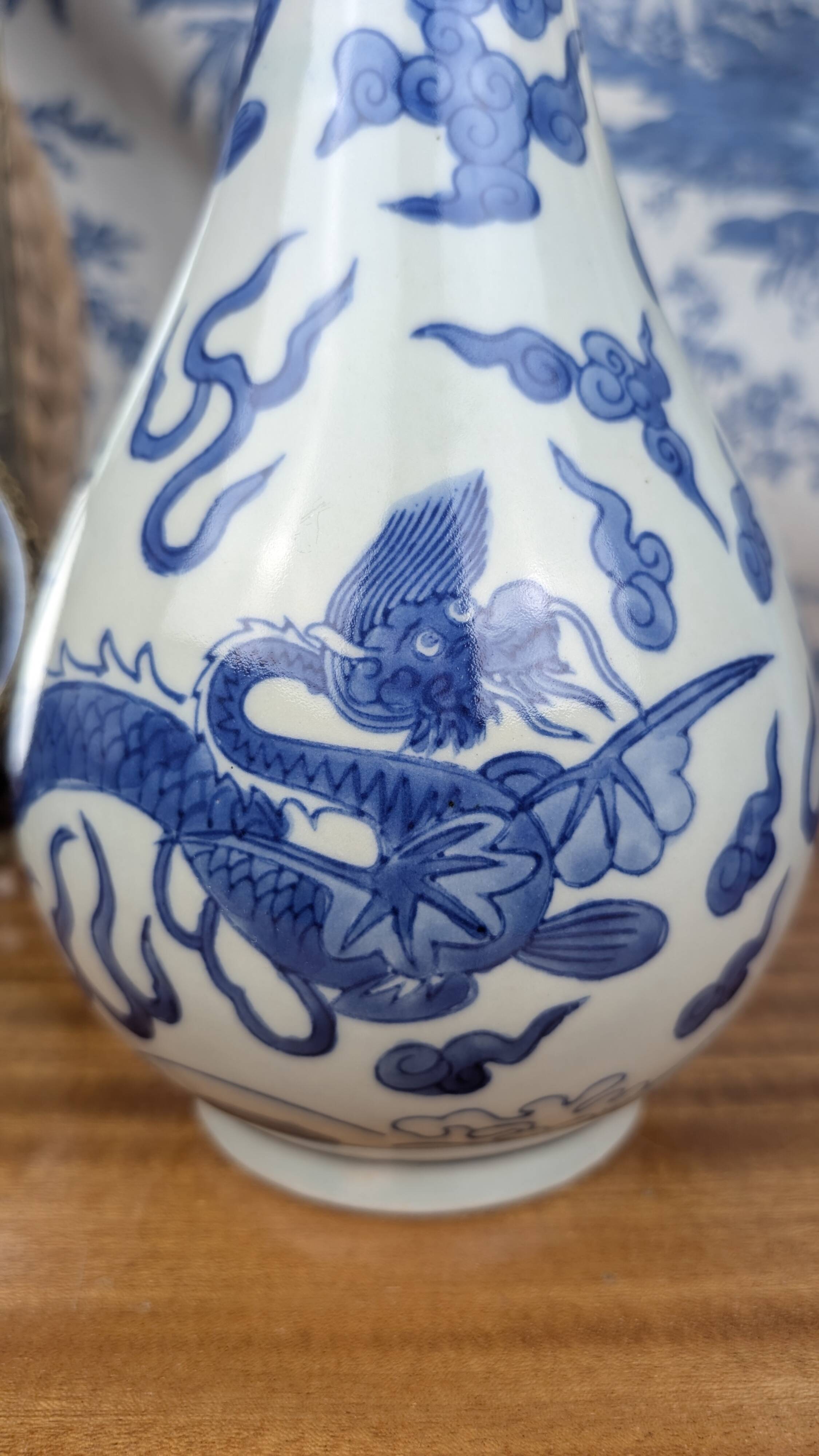 Blue hue piriform vase with dragon decor, vietnamese porcelain