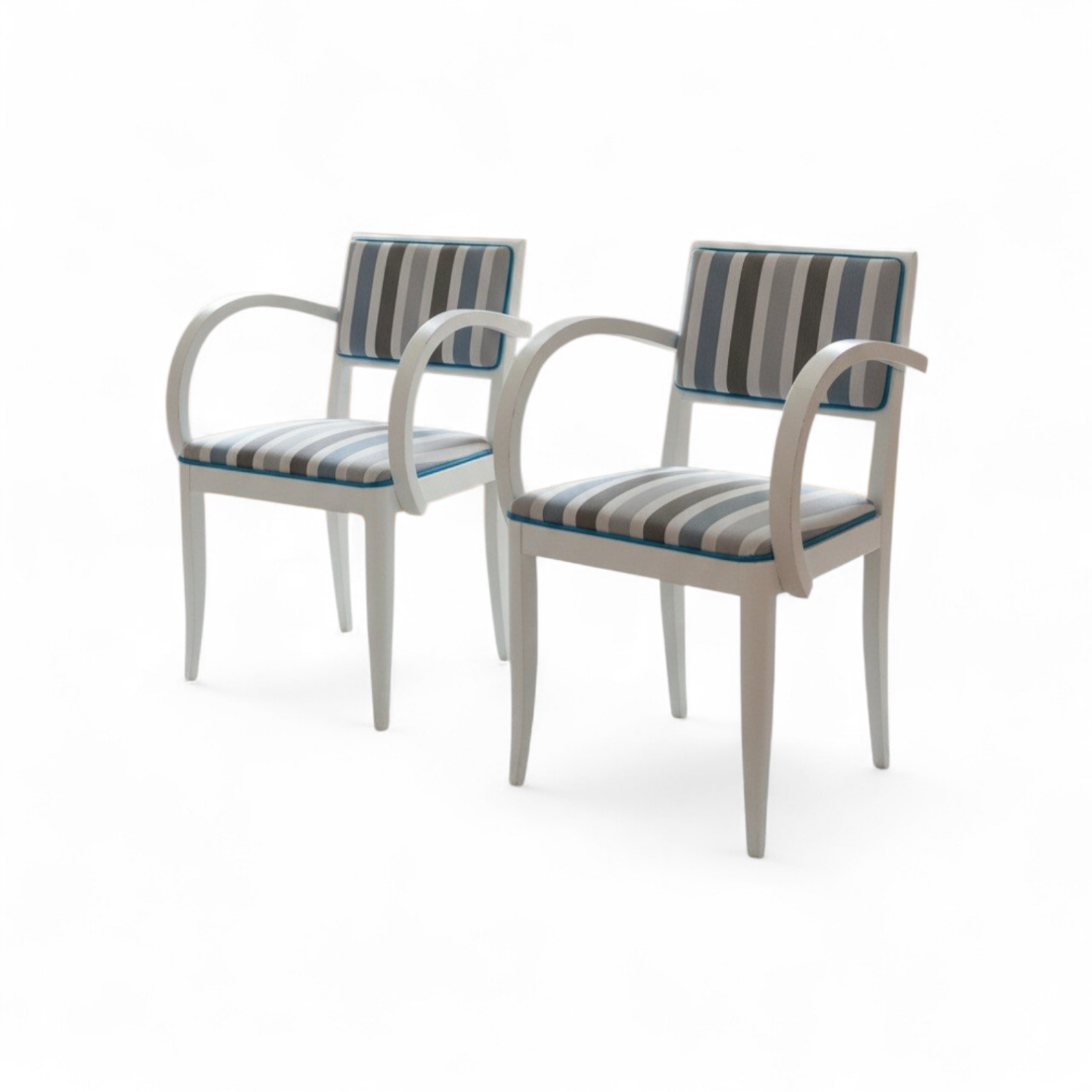 Pair of Vintage Art Deco Style Armchairs - White Wood and Striped Fabric