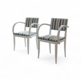 Pair of Vintage Art Deco Style Armchairs - White Wood and Striped Fabric