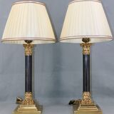 Pair lamp in bronze corinthians patinated lampshade pleated with stripes square foot