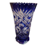 Bohemian vase in cut crystal with blue overlay.