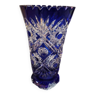 Bohemian vase in cut crystal with blue overlay.