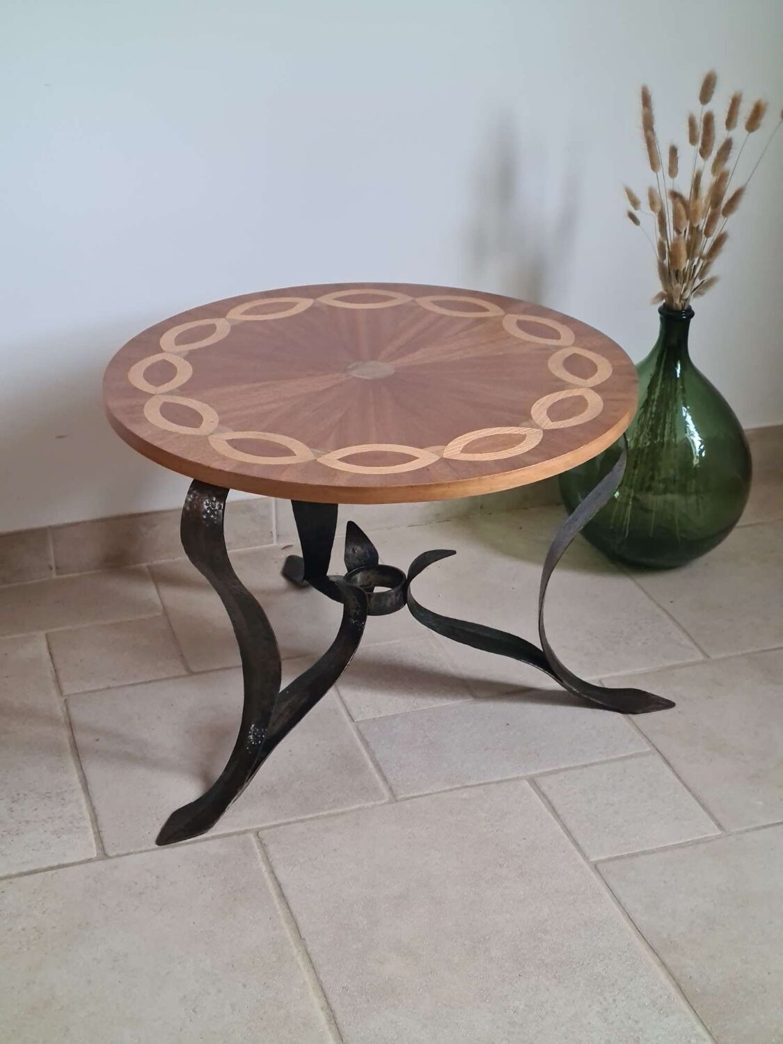 Marquetry and wrought iron coffee table