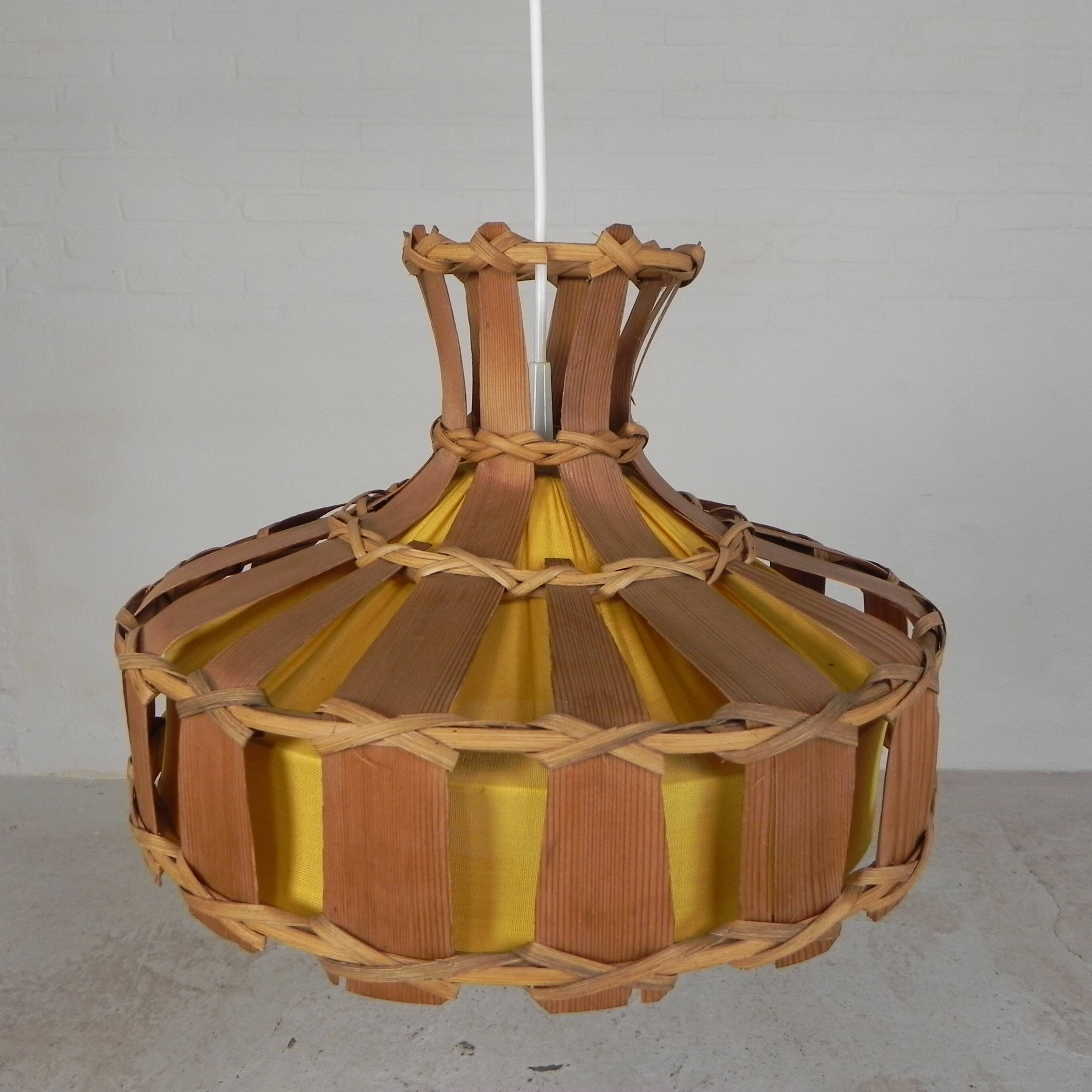 Vintage hanging lamp with rattan shade, palm leaf and fabric, 1970s