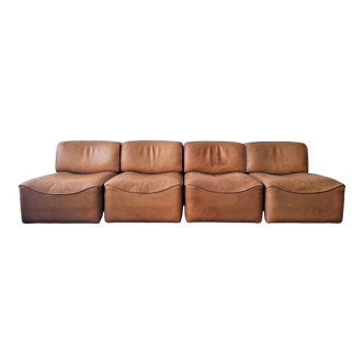 Patinated Ds-15 4-element leather sofa for de Sede, Switzerland, 1970s, Set of 4