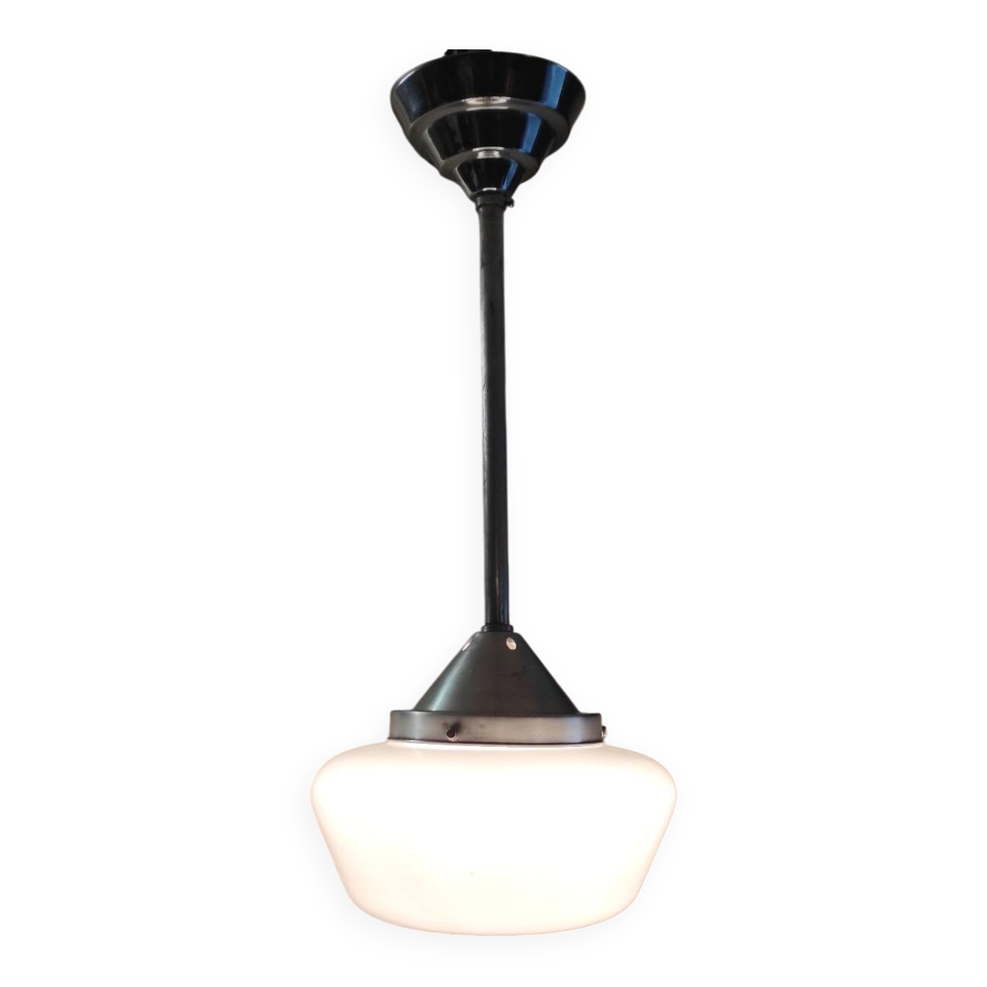 Metal Bauhaus suspension with opaline globe - mid 20th century.