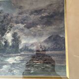 Watercolor by the painter Henri Jobert (1873 - ?), Landscape by Moonlight.