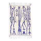 Moroccan Berber Azilal ecru rug with majorelle blue patterns 1.36x0.97m