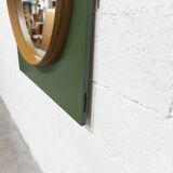 Unusual round wall mirror 60 cm teak edge on green rectangular board 1960.