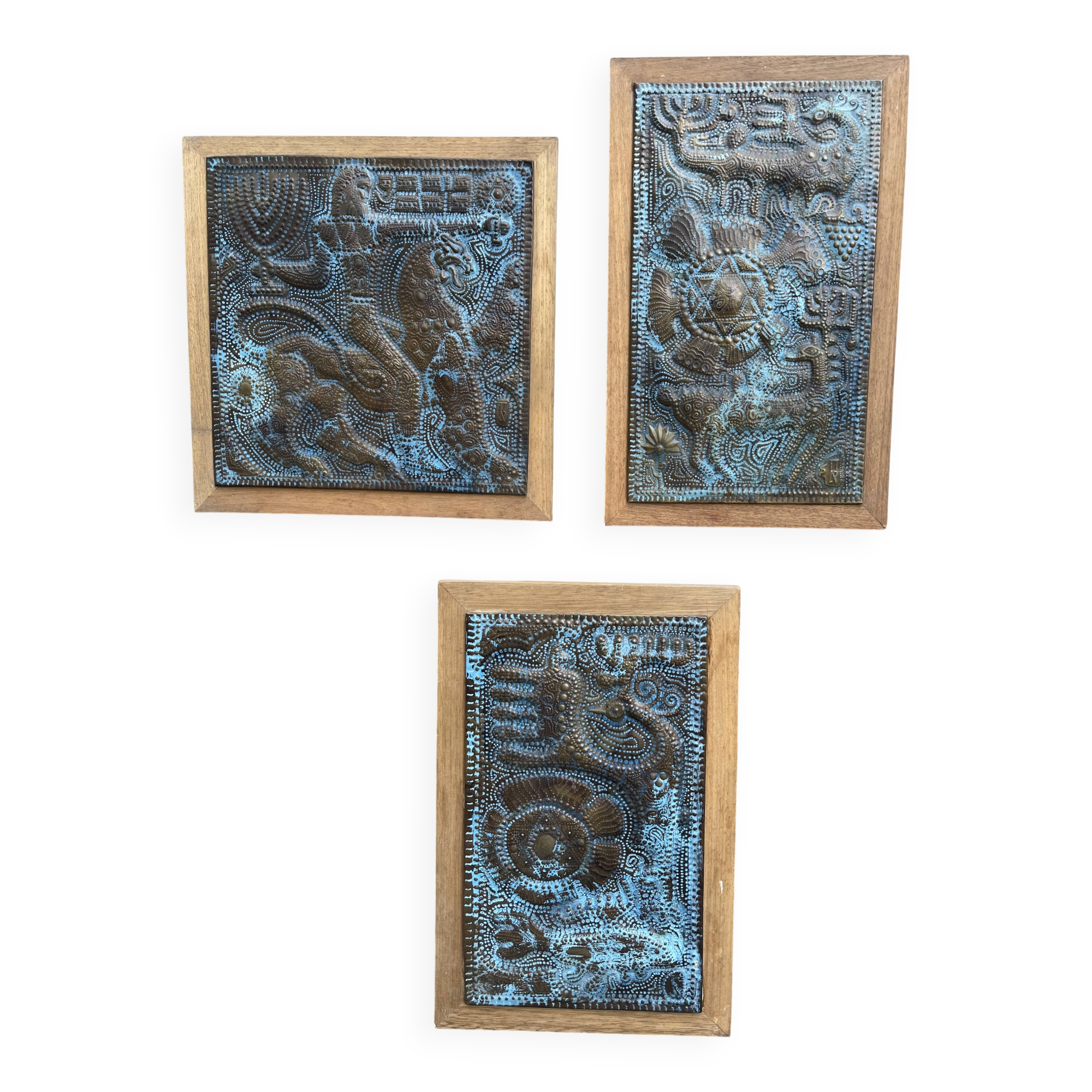 Vintage triptych in repoussé copper Judaïsa - signed