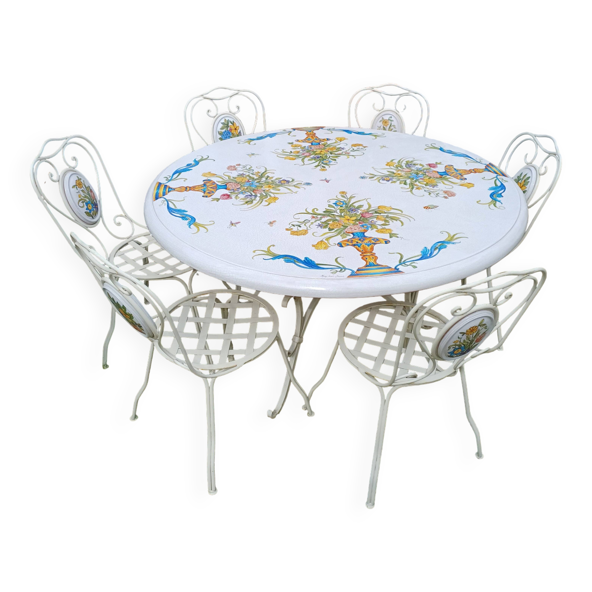 Garden furniture. Wrought iron and ceramic. Italian handcrafted.