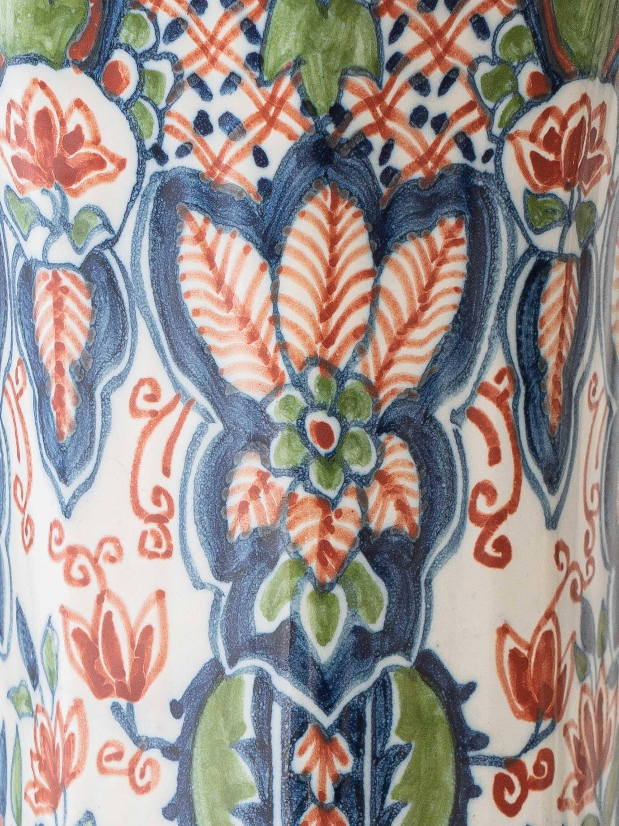 Pair of Dutch Delft Makkum ceramic table lamps with new olive green velvet shades.