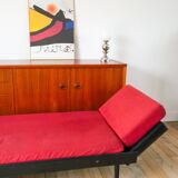 Day Bed sofa in skai, mottled red fabrics and black metal 1950
